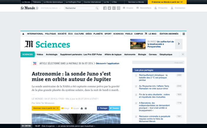 Le Monde article 'Astronomie : la sonde Juno s’est mise en orbite autour de Jupiter'