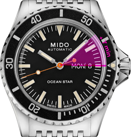 Dive watch bezel showing current time relative to a fixed time in the future