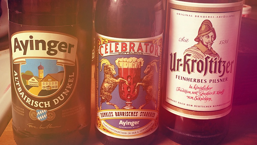 A fine selection of German beers: Ayinger Albairisch Dunkel, Ayinger's starkbier Celebrator and Ur-Krostitzer Pilsner
