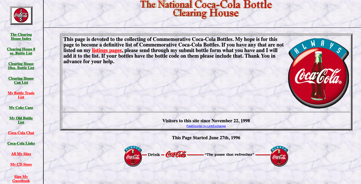 A screenshot of the homepage of The National Coca Cola Bottle Clearing House