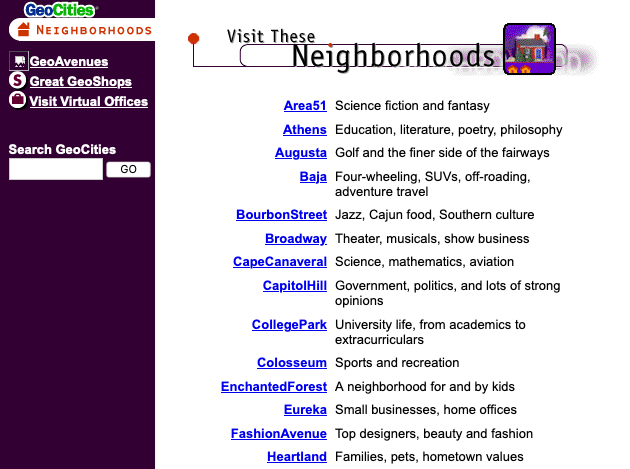A partial list of neighborhoods avialable on Geocities in 1998