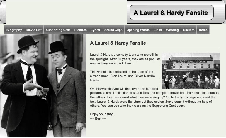 A screenshot of the home page of A Laurel and Hardy Fansite
