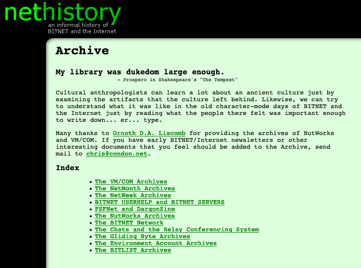 A screenshot of NetHistory's Archive page