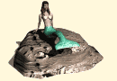 A animated siren atop a rock, rocking her tail, waiting.