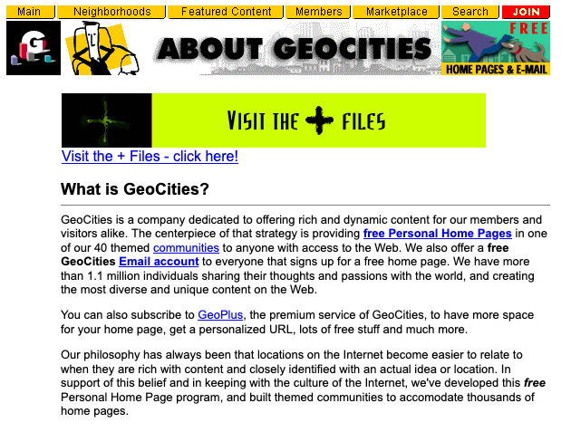 Geocities introduction page from February 1998