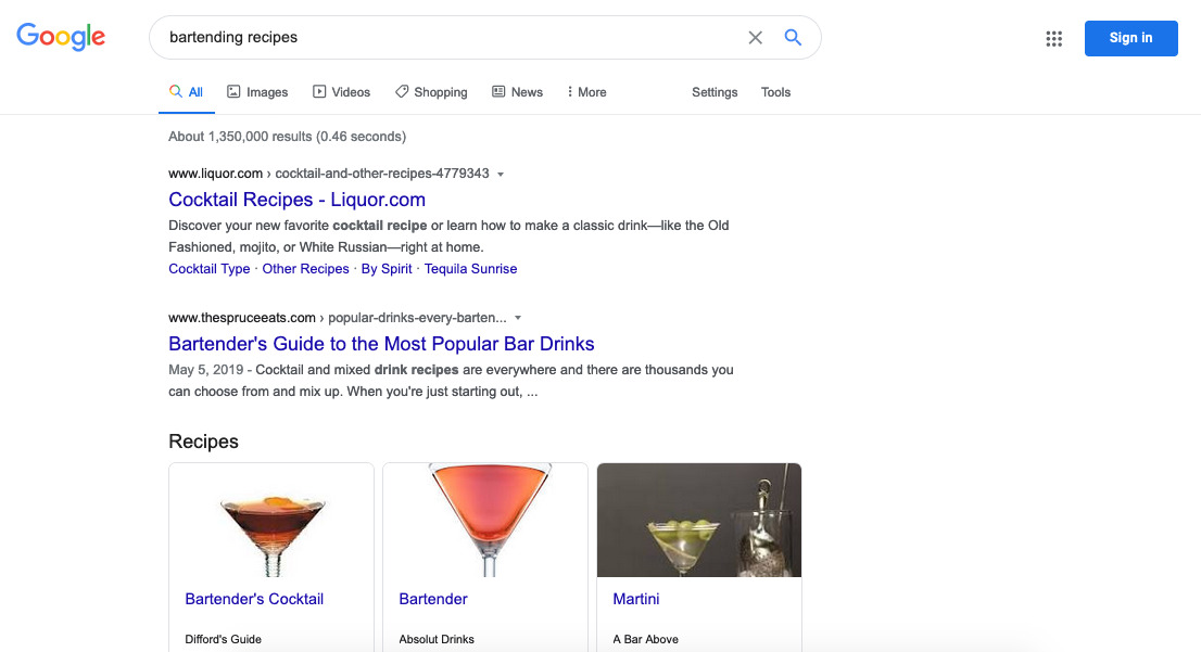 Google's results for 'bartending recipes' won't take you to the small web