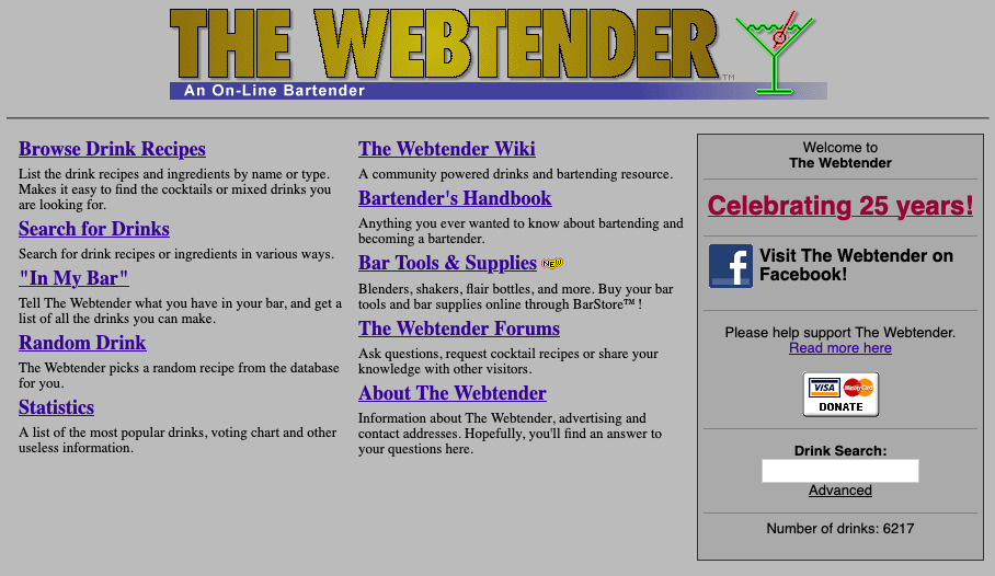 A screenshot of the home page of Webtender